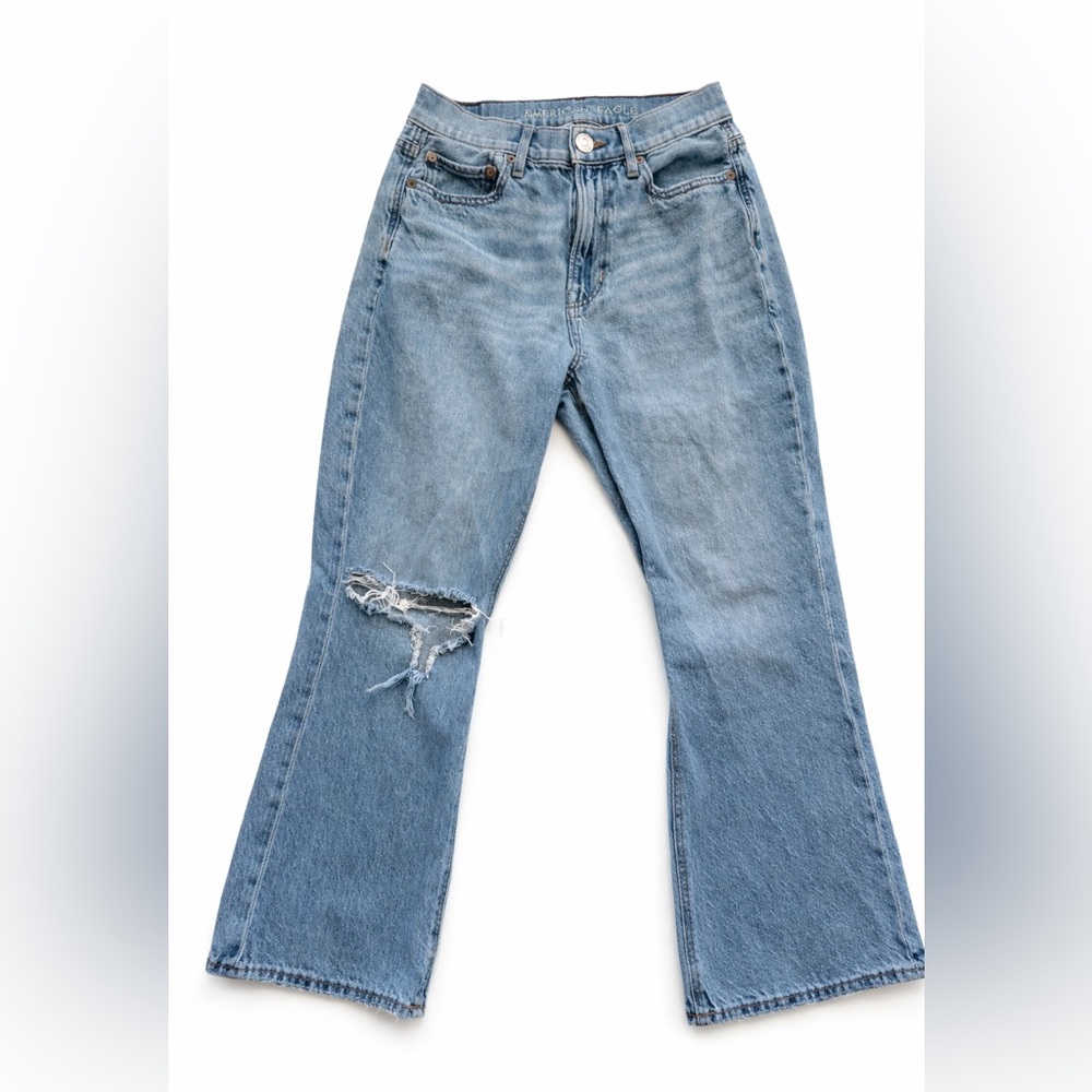 American Eagle Highest Rise 90s Flare Jeans Distressed Light Wash